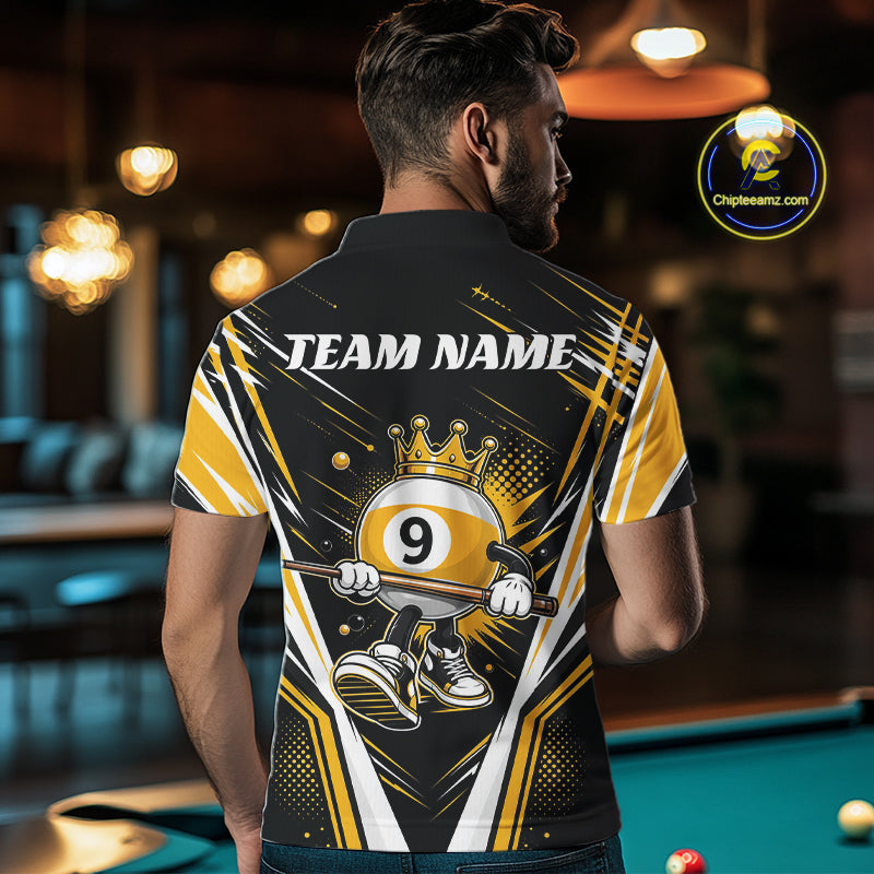 Custom Funny 9 Ball Wearing Crown Billiards King Men Polo Shirt, Yellow Pool Team Jerseys IPHW11794