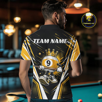 Custom Funny 9 Ball Wearing Crown Billiards King Men Polo Shirt, Yellow Pool Team Jerseys IPHW11794
