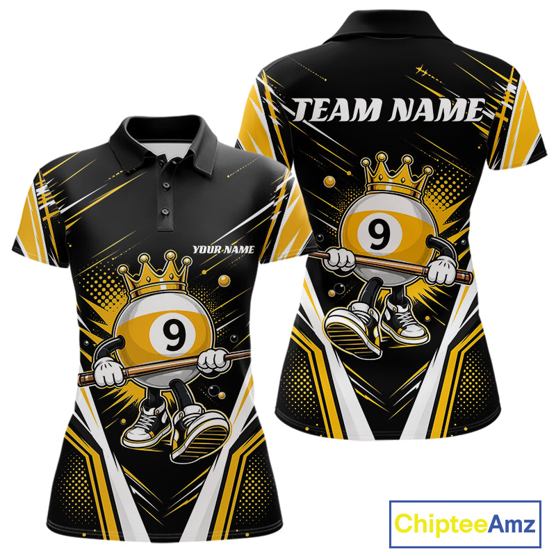 Custom Funny 9 Ball Wearing Crown Billiards Queen Women Polo Shirt, Yellow Pool Team Jerseys IPHW11794