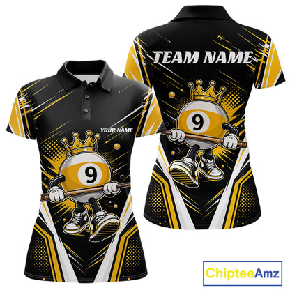 Custom Funny 9 Ball Wearing Crown Billiards Queen Women Polo Shirt, Yellow Pool Team Jerseys IPHW11794