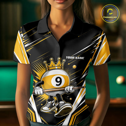 Custom Funny 9 Ball Wearing Crown Billiards Queen Women Polo Shirt, Yellow Pool Team Jerseys IPHW11794