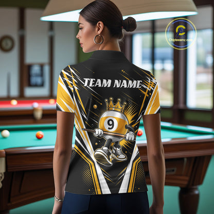 Custom Funny 9 Ball Wearing Crown Billiards Queen Women Polo Shirt, Yellow Pool Team Jerseys IPHW11794