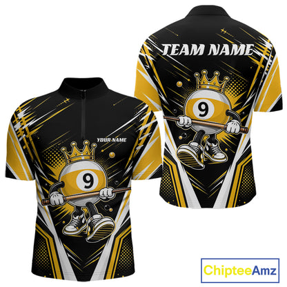 Custom Funny 9 Ball Wearing Crown Billiards King Men Quarter Zip Shirt, Yellow Pool Team Jerseys IPHW11794