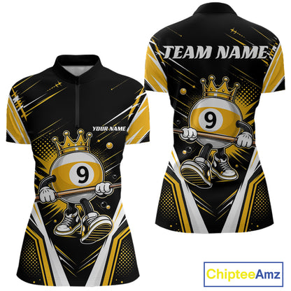 Custom Funny 9 Ball Billiards Queen Women Quarter-Zip Shirt, Yellow Pool Team Jerseys IPHW11794