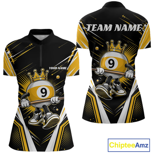 Custom Funny 9 Ball Billiards Queen Women Quarter-Zip Shirt, Yellow Pool Team Jerseys IPHW11794