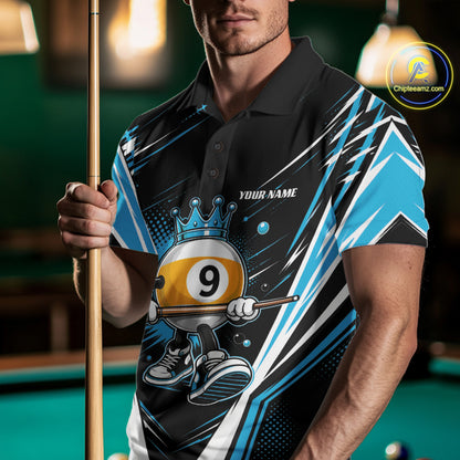 Custom Funny 9 Ball Wearing Crown Billiards King Men Polo Shirt, Blue Pool Team Jerseys IPHW11795