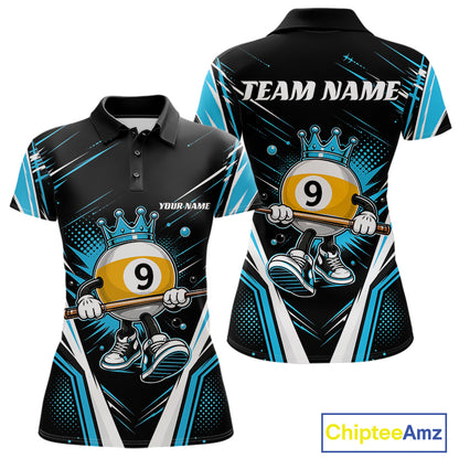 Custom Funny 9 Ball Wearing Crown Billiards Queen Women Polo Shirt, Blue Pool Team Jerseys IPHW11795