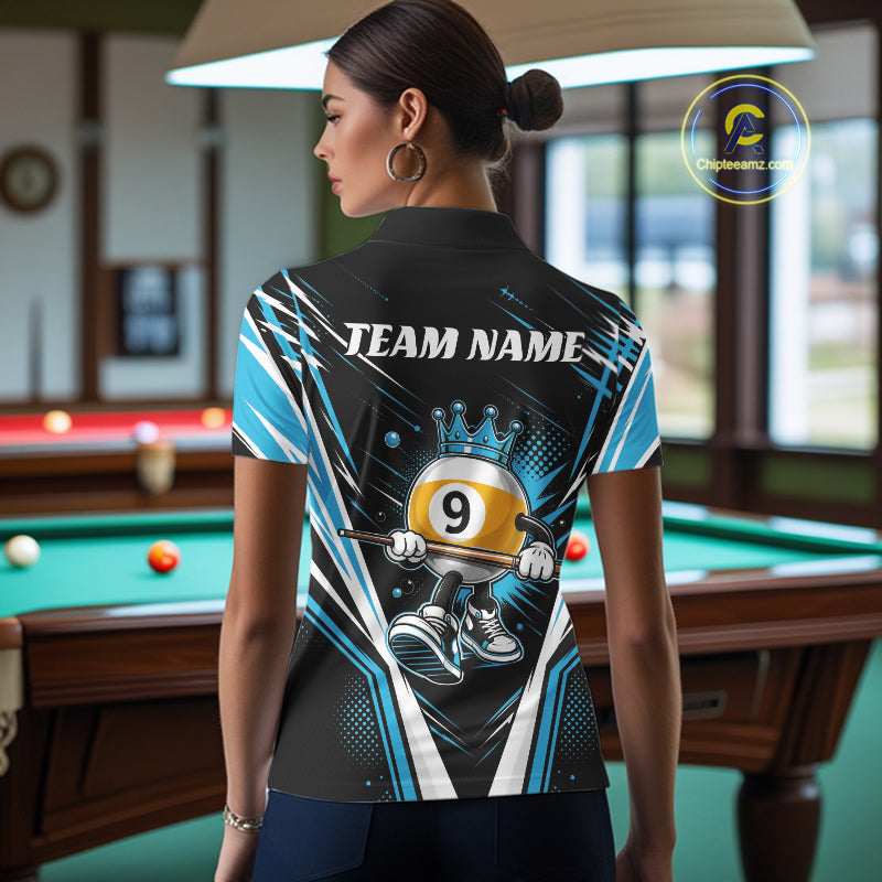 Custom Funny 9 Ball Wearing Crown Billiards Queen Women Polo Shirt, Blue Pool Team Jerseys IPHW11795