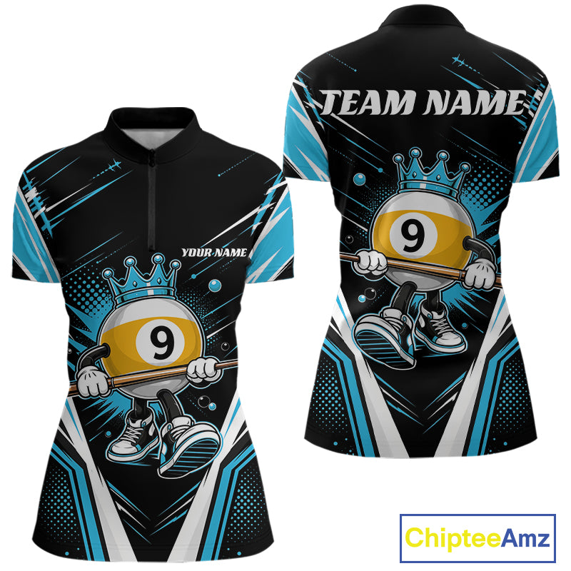 Custom Funny 9 Ball Billiards Queen Women Quarter-Zip Shirt, Blue Pool Team Jerseys IPHW11795