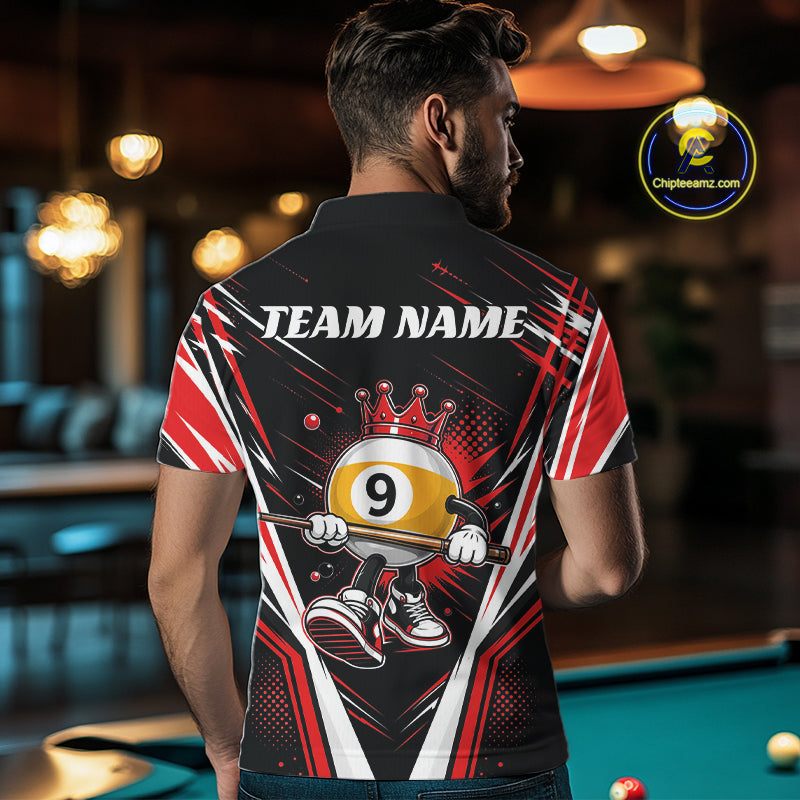 Custom Funny 9 Ball Wearing Crown Billiards King Men Polo Shirt, Red Pool Team Jerseys IPHW11796