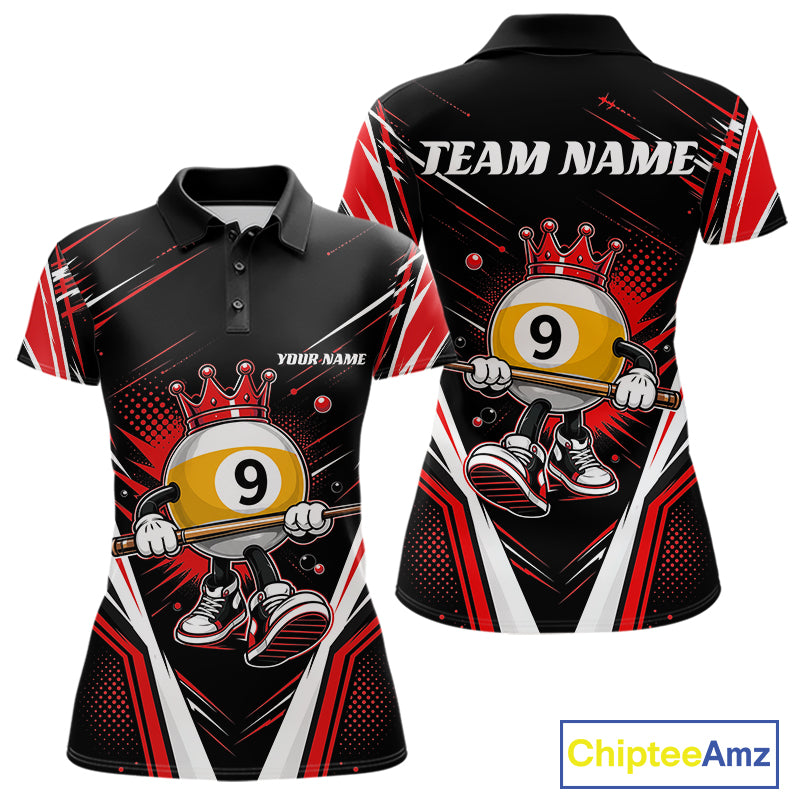 Custom Funny 9 Ball Wearing Crown Billiards Queen Women Polo Shirt, Red Pool Team Jerseys IPHW11796