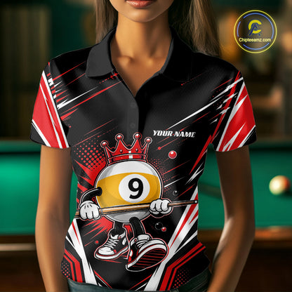 Custom Funny 9 Ball Wearing Crown Billiards Queen Women Polo Shirt, Red Pool Team Jerseys IPHW11796