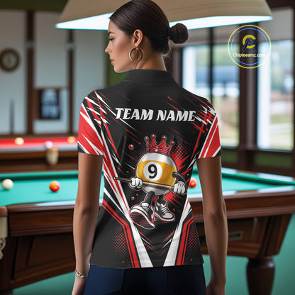 Custom Funny 9 Ball Wearing Crown Billiards Queen Women Polo Shirt, Red Pool Team Jerseys IPHW11796