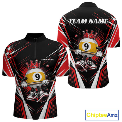 Custom Funny 9 Ball Wearing Crown Billiards King Men Quarter Zip Shirt, Red Pool Team Jerseys IPHW11796