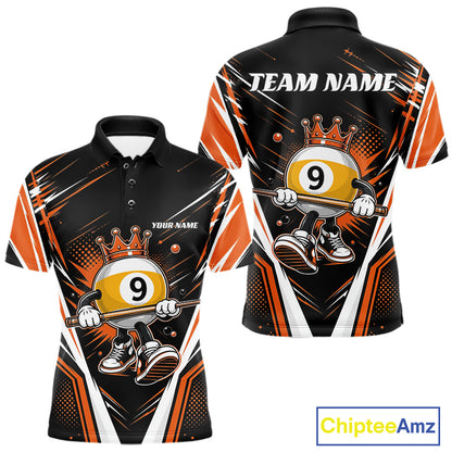 Custom Funny 9 Ball Wearing Crown Billiards King Men Polo Shirt, Orange Pool Team Jerseys IPHW11797