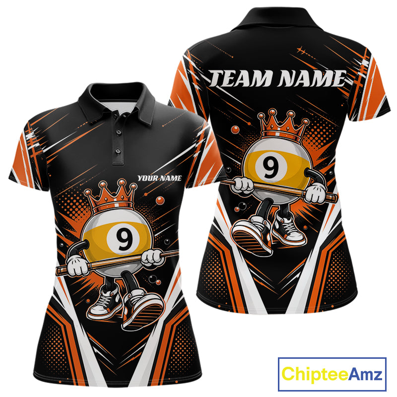 Custom Funny 9 Ball Wearing Crown Billiards Queen Women Polo Shirt, Orange Pool Team Jerseys IPHW11797