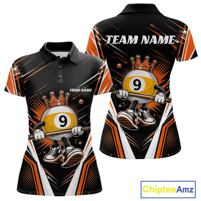 Custom Funny 9 Ball Wearing Crown Billiards Queen Women Polo Shirt, Orange Pool Team Jerseys IPHW11797