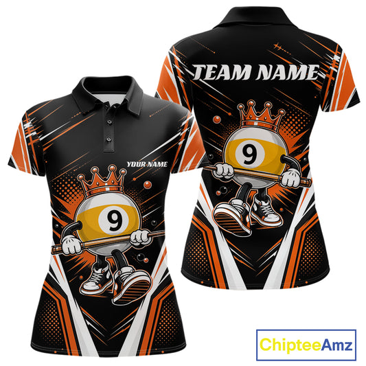 Custom Funny 9 Ball Wearing Crown Billiards Queen Women Polo Shirt, Orange Pool Team Jerseys IPHW11797