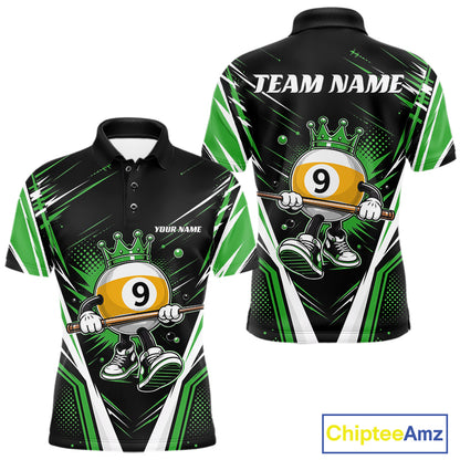Custom Funny 9 Ball Wearing Crown Billiards King Men Polo Shirt, Green Pool Team Jerseys IPHW11798