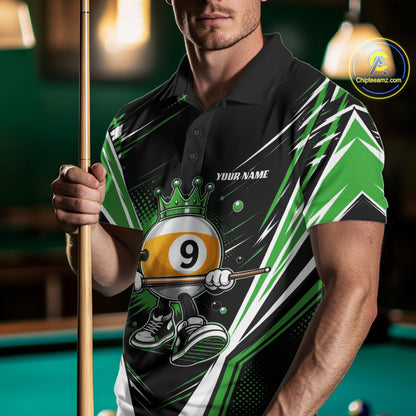 Custom Funny 9 Ball Wearing Crown Billiards King Men Polo Shirt, Green Pool Team Jerseys IPHW11798