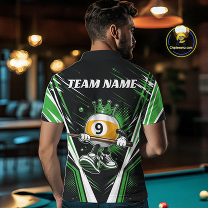 Custom Funny 9 Ball Wearing Crown Billiards King Men Polo Shirt, Green Pool Team Jerseys IPHW11798