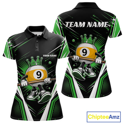 Custom Funny 9 Ball Wearing Crown Billiards Queen Women Polo Shirt, Green Pool Team Jerseys IPHW11798