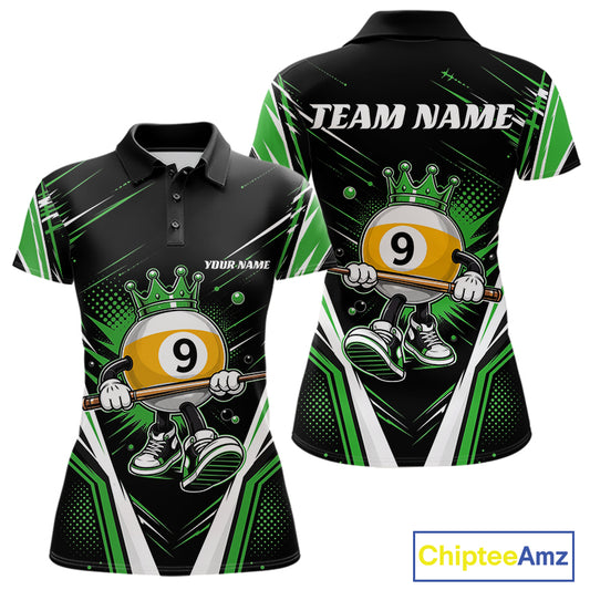 Custom Funny 9 Ball Wearing Crown Billiards Queen Women Polo Shirt, Green Pool Team Jerseys IPHW11798