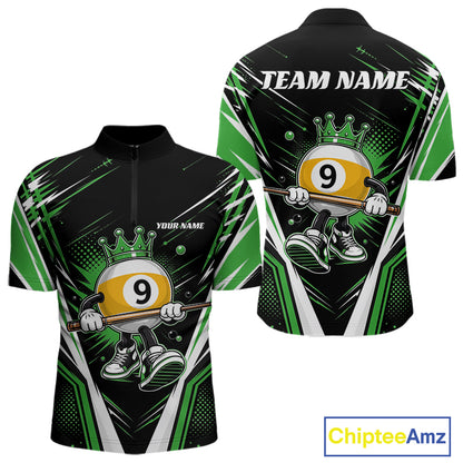 Custom Funny 9 Ball Wearing Crown Billiards King Men Quarter Zip Shirt, Green Pool Team Jerseys IPHW11798
