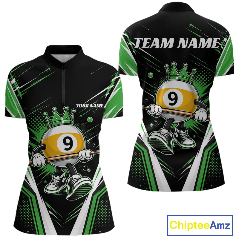 Custom Funny 9 Ball Billiards Queen Women Quarter-Zip Shirt, Green Pool Team Jerseys IPHW11798