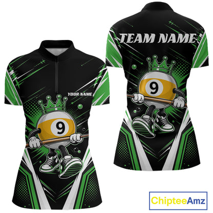 Custom Funny 9 Ball Billiards Queen Women Quarter-Zip Shirt, Green Pool Team Jerseys IPHW11798