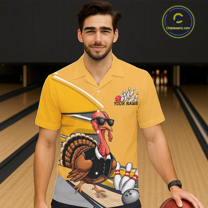 Custom Yellow Funny Turkey Bowling Team Shirts For Men And Women, Thanksgiving Bowler Outfits IPHW7885