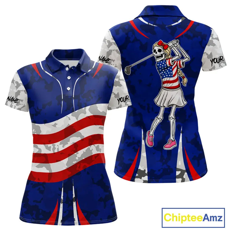 USA flag camo golf outfits funny skull golf polo shirts for Women custom patriotic golf shirts ladies NQS11400