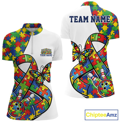 Front and back view of a women’s quarter-zip bowling shirt mockup in white, featuring autism awareness ribbon filled with puzzle pattern, colorful butterfly, and bowling strike scene.