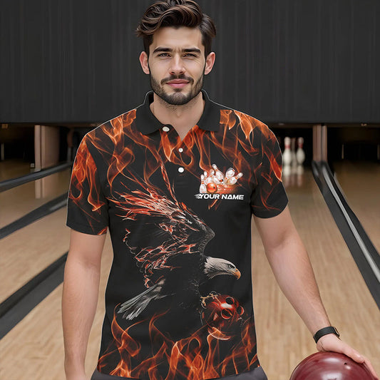 Custom Black And Orange Flame Eagle Bowling Team Men Polo Shirts, Eagle Bowling League Shirt IPHW8799