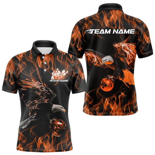 Custom Black And Orange Flame Eagle Bowling Team Men Polo Shirts, Eagle Bowling League Shirt IPHW8799