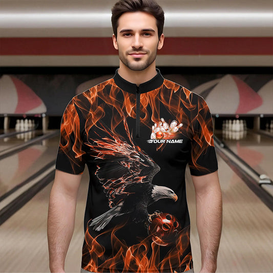 Custom Black And Orange Flame Eagle Bowling Team Men Quarter-Zip Shirts, Eagle Bowling League Shirt IPHW8799