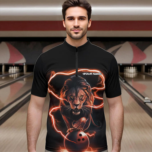 Custom Black And Orange Thunder Lightning Lion Bowling Quarter-Zip Shirts For Men, Team Uniform IPHW8803