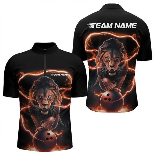 Custom Black And Orange Thunder Lightning Lion Bowling Quarter-Zip Shirts For Men, Team Uniform IPHW8803