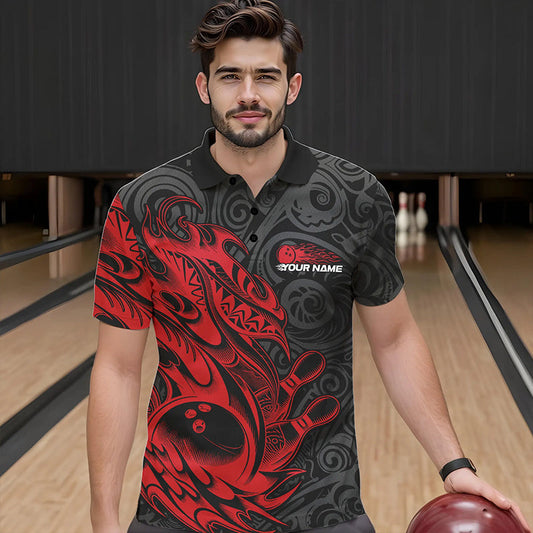 Custom Black And Red Tribal Polynesian Bowling Team Men Polo Shirts, Niho Mano Bowling Shirt IPHW8811