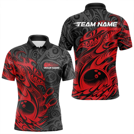 Custom Black And Red Tribal Polynesian Bowling Team Men Polo Shirts, Niho Mano Bowling Shirt IPHW8811
