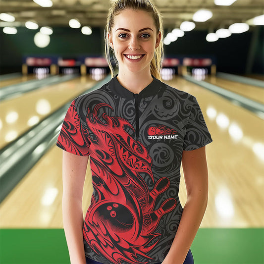 Custom Black And Red Tribal Polynesian Bowling Women Quarter-Zip Shirts, Bowlers Outfits IPHW8811