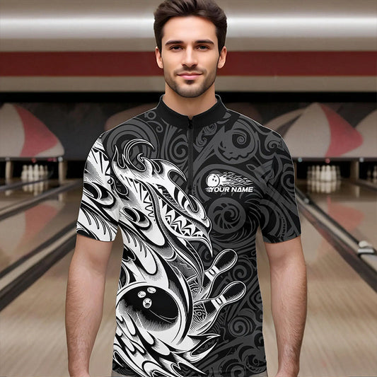Custom Black And White Tribal Polynesian Bowling Team Men Quarter-Zip Shirts, Niho Mano Bowling IPHW8812