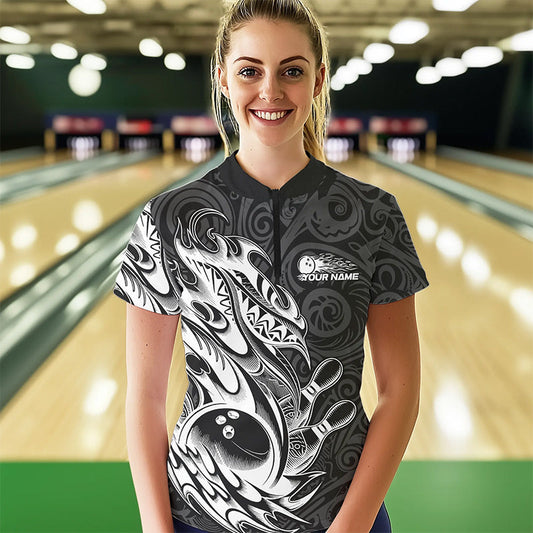Custom Black And White Tribal Polynesian Bowling Team Women Quarter-Zip ShirtsTeam Uniform IPHW8812