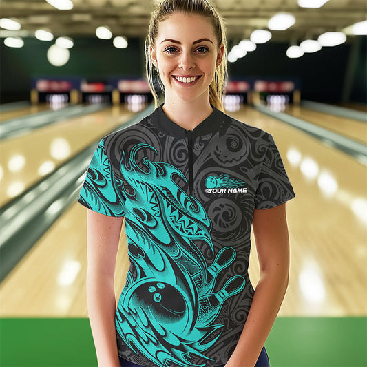 Custom Black And Blue Tribal Polynesian Bowling Team Women Quarter-Zip Shirts Team Uniform IPHW8813