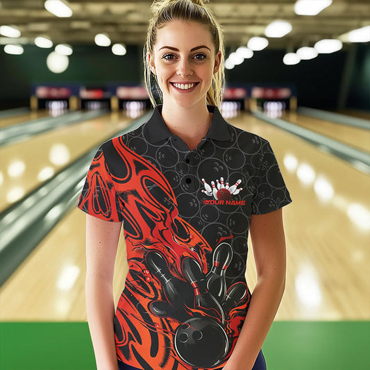 Custom Black And Red Tribal Flame Bowling Team Women Polo Shirts, Bowling Pattern Outfits IPHW8814