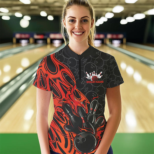 Custom Black And Red Tribal Flame Bowling Women Quarter-Zip Shirts, Bowling Pattern Outfits IPHW8814