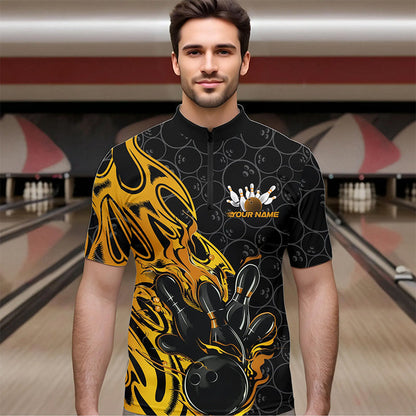 Custom Black And Yellow Tribal Flame Bowling Team Men Quarter-Zip Shirts, Bowling Pattern Outfits IPHW8815