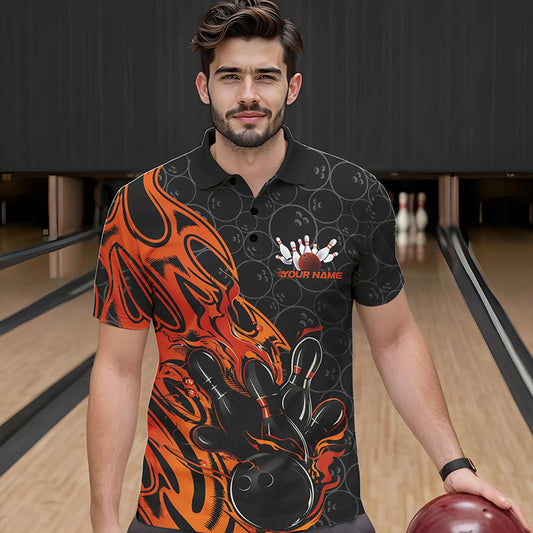 Custom Black And Orange Tribal Flame Bowling Team Men Polo Shirts, Bowling Pattern Outfits IPHW8816