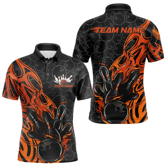 Custom Black And Orange Tribal Flame Bowling Team Men Polo Shirts, Bowling Pattern Outfits IPHW8816