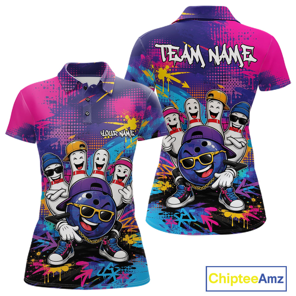Custom Funny Colorful Hiphop Bowling Women Polo Team Shirt, Graffity Bowling Jerseys IPHW11801